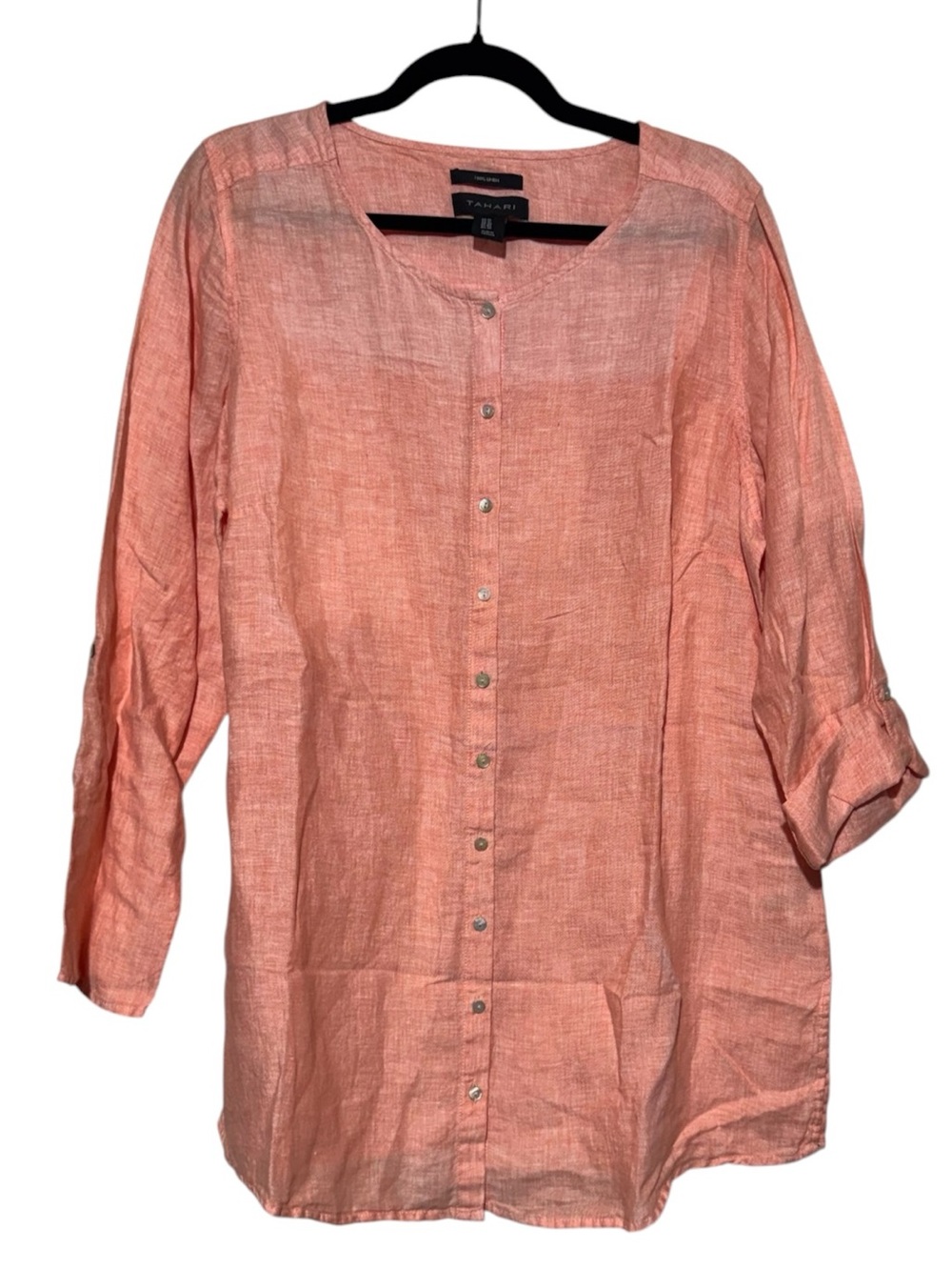 Tahari 100# Linen Button Front Tunic Top Women Plus Size 1X Pink Peach